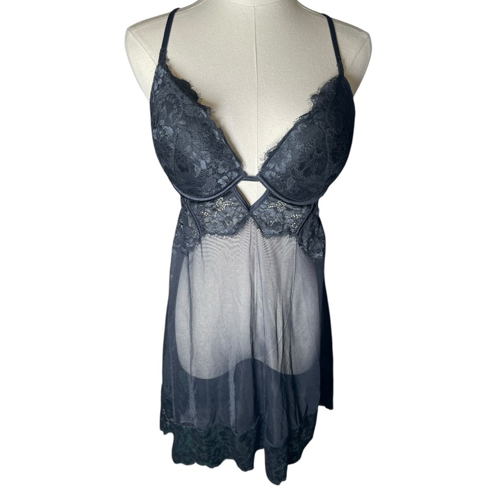 LaSenza Large Babydoll Lingerie Outfit Black Push Up Sexy Sheer Lace Chemise Bra